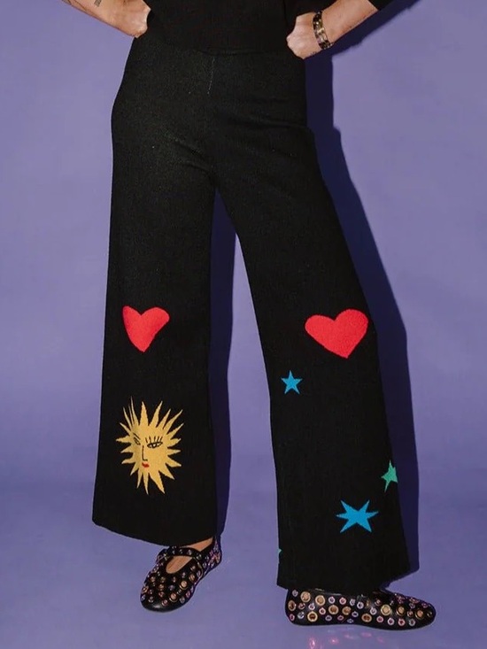 Dressed in LALA Pants - Dress in Lala Celestial Knit Pants Sun Hearts Colorful Black Wide Leg Small